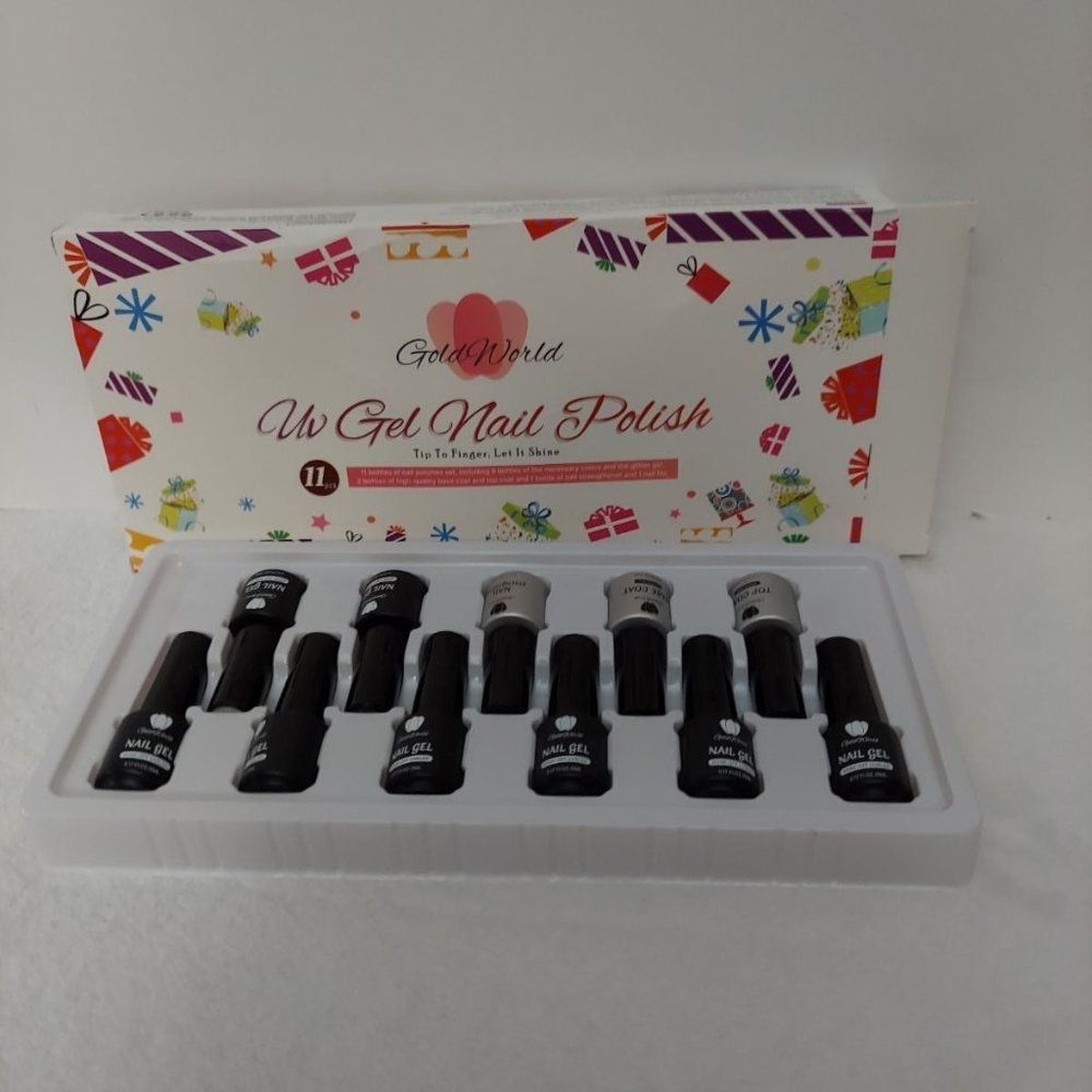 Gold World UV Gel Nail Polish 11 piece Set New Sealed 8 Assorted Colors